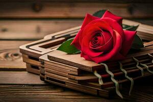 a red rose sits on top of wooden boxes. AI-Generated photo