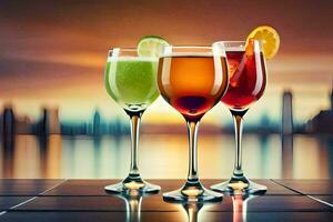 three glasses of different colored drinks on a table. AI-Generated photo