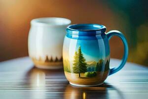 two mugs with a painting of a tree on them. AI-Generated photo