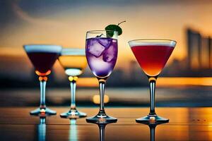 cocktails on the bar, sunset, city, hd wallpaper. AI-Generated photo