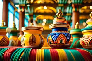 colorful vases are displayed on a table. AI-Generated photo