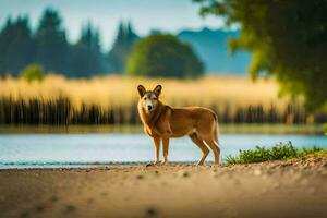 a dingo stands on the shore of a lake. AI-Generated photo