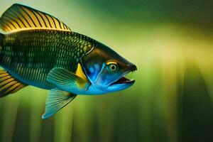 un pescado con un amarillo y azul cuerpo es mostrado. generado por ai foto