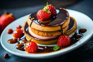 a stack of pancakes with strawberries and syrup. AI-Generated photo