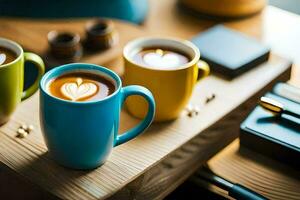 three coffee cups with latte art on them. AI-Generated photo