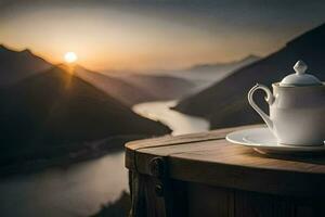 a cup of coffee on a table overlooking a river. AI-Generated photo