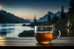 un taza de té se sienta en un mesa con vista a un lago. generado por ai foto