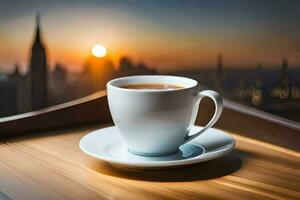 a cup of coffee on a wooden table with a view of the city. AI-Generated photo