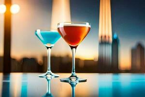 two glasses of cocktails on a table in front of a city skyline. AI-Generated photo