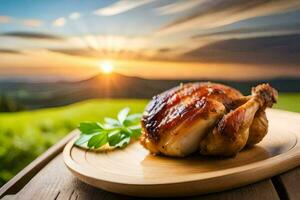 chicken on a wooden plate with a sunset in the background. AI-Generated photo