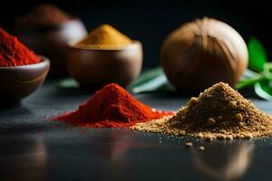 various spices and spices on a black background. AI-Generated photo