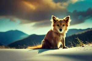 un perro sentado en el arena en frente de montañas. generado por ai foto