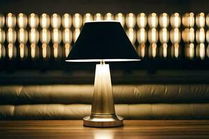 a table lamp on a wooden table in front of a couch. AI-Generated photo