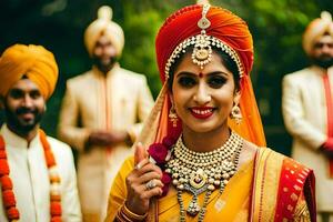 indian bride in traditional attire with her groom. AI-Generated photo