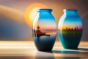 two vases with a sunset in the background. AI-Generated photo