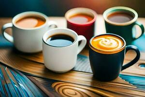 un grupo de café tazas con diferente colores. generado por ai foto
