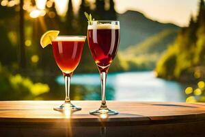 dos lentes de rojo vino en un mesa con un lago en el antecedentes. generado por ai foto