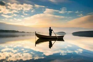a man in a boat on a calm lake with a reflection of the sky. AI-Generated photo