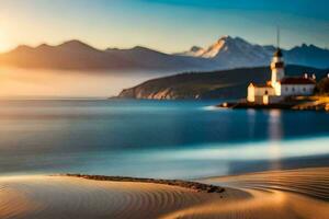 a lighthouse on the beach with mountains in the background. AI-Generated photo
