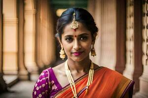 a woman in an orange sari poses for a portrait. AI-Generated photo