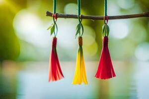 three colorful tassels hanging from a branch. AI-Generated photo