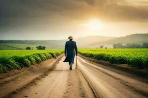 a man walking down a dirt road in the middle of a field. AI-Generated photo