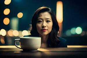 a woman sitting at a table with a cup of coffee. AI-Generated photo