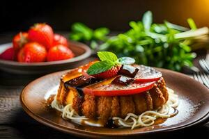 a plate with a cake and strawberries on it. AI-Generated photo