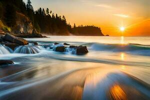 a beautiful sunset over the ocean with waves crashing into the shore. AI-Generated photo