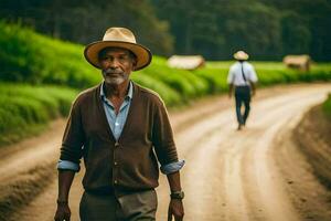 a man in a hat walks down a dirt road. AI-Generated photo