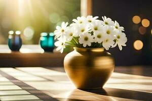 a golden vase with white flowers on a table. AI-Generated photo