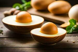 eggs in wooden bowls on a table. AI-Generated photo
