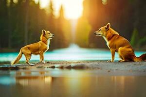 two dogs are standing on the shore of a river. AI-Generated photo