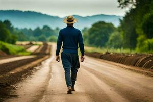 un hombre en un sombrero camina abajo un suciedad la carretera. generado por ai foto