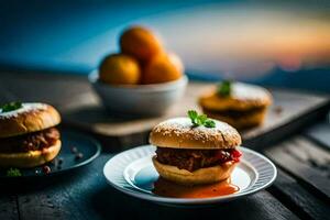 two small sandwiches on plates with oranges in the background. AI-Generated photo