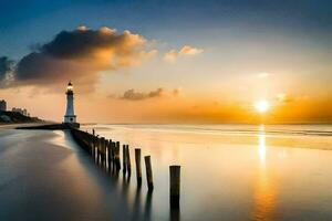 a lighthouse stands on the beach at sunset. AI-Generated photo