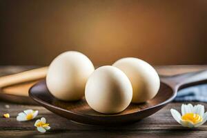 three eggs on a wooden spoon with flowers. AI-Generated photo