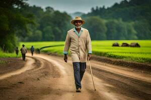 an old man walking down a dirt road with cane. AI-Generated photo