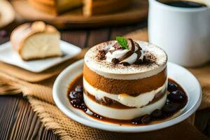 postres en un plato con café. generado por ai foto