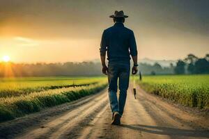 hombre caminando en un suciedad la carretera con un sombrero y caña. generado por ai foto