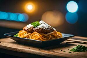 a plate of spaghetti with meatballs and a fork. AI-Generated photo