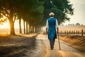 a man in a blue suit and hat walking down a dirt road. AI-Generated photo