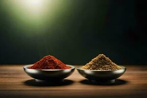 two bowls of spices on a wooden table. AI-Generated photo