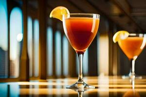 two glasses of orange drink sit on a table. AI-Generated photo