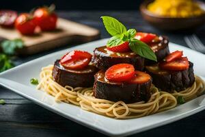 a plate of spaghetti with meat and strawberries. AI-Generated photo