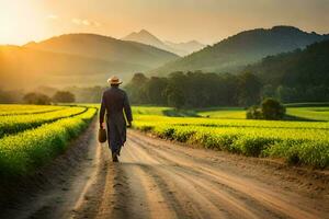 a farmer walks through a field of rice. AI-Generated photo
