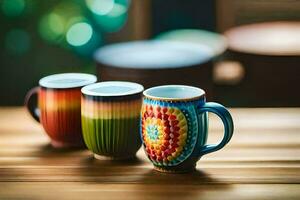 three colorful coffee cups on a wooden table. AI-Generated photo