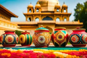 four colorful vases are sitting on a table in front of a building. AI-Generated photo