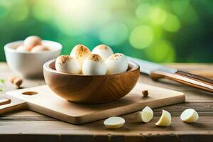 eggs in a bowl on a cutting board with garlic. AI-Generated photo
