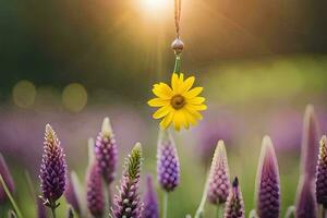 a yellow flower is hanging from a string in a field. AI-Generated photo
